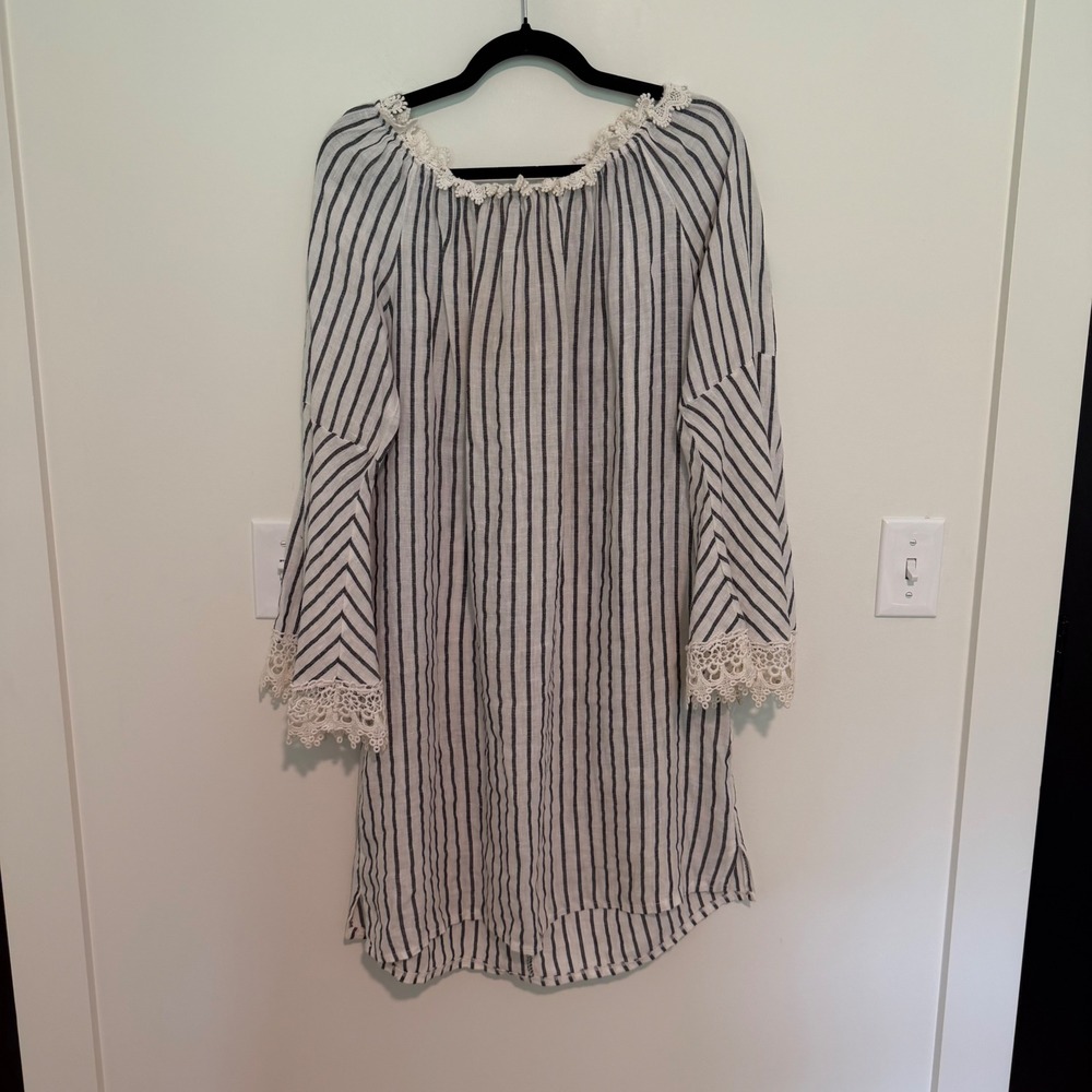 Lungo L'Arno Italy Striped Tunic Dress Blue White Lace Trim Bell Sleeve Womens L